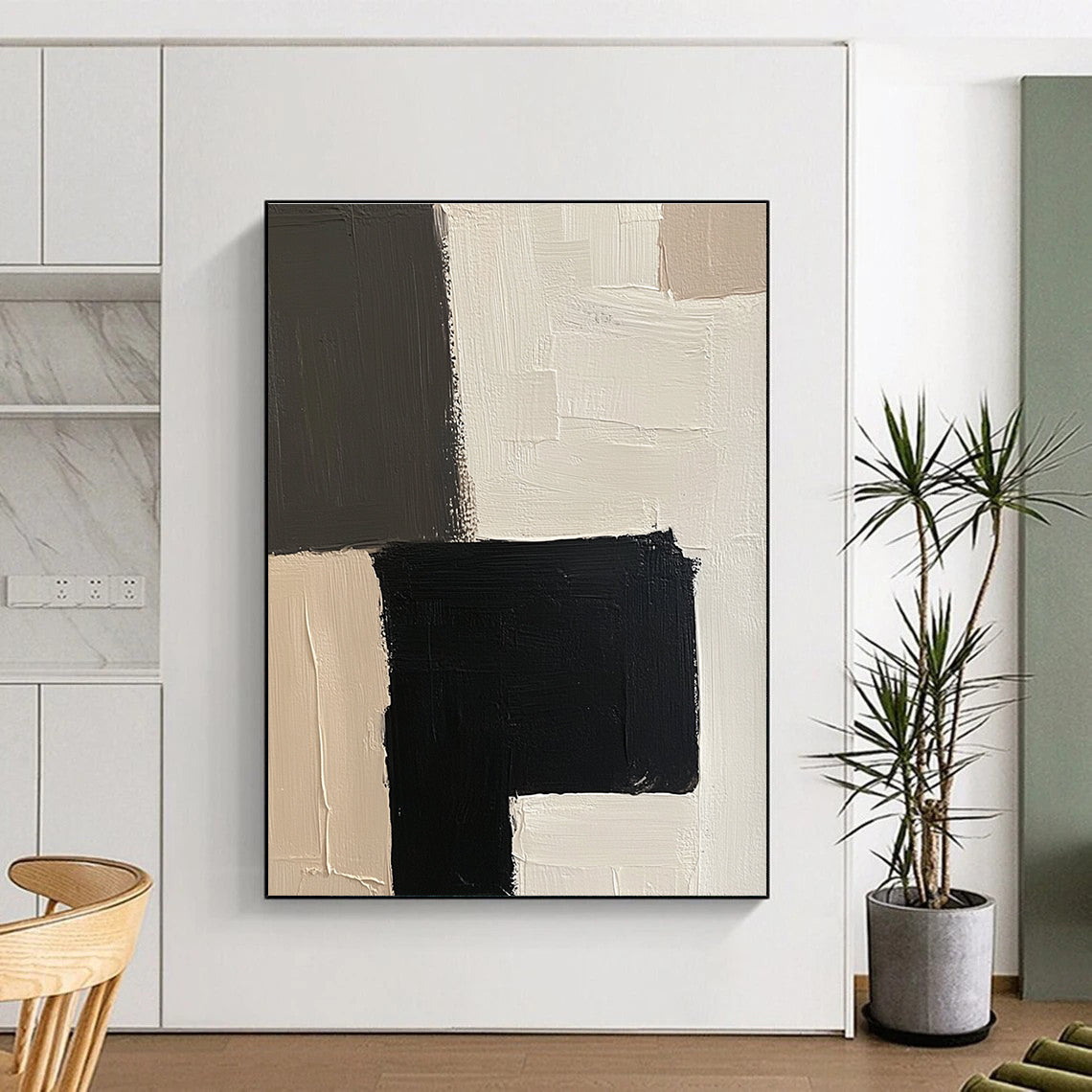 Black White and Beige Abstract Painting with Geometric Forms GER502