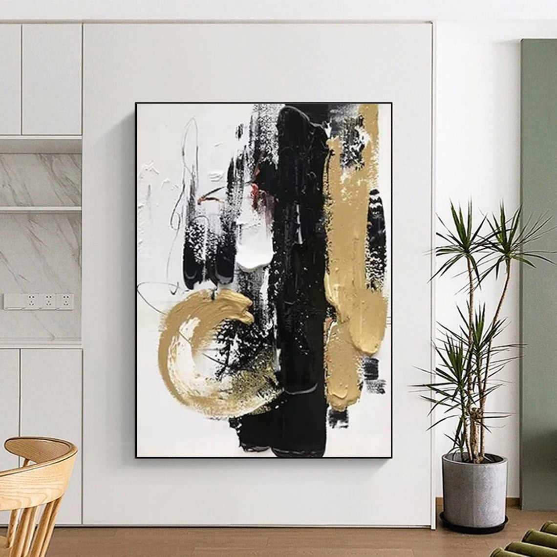 Black Gold and White Abstract Painting with Textured Layers ADGE146