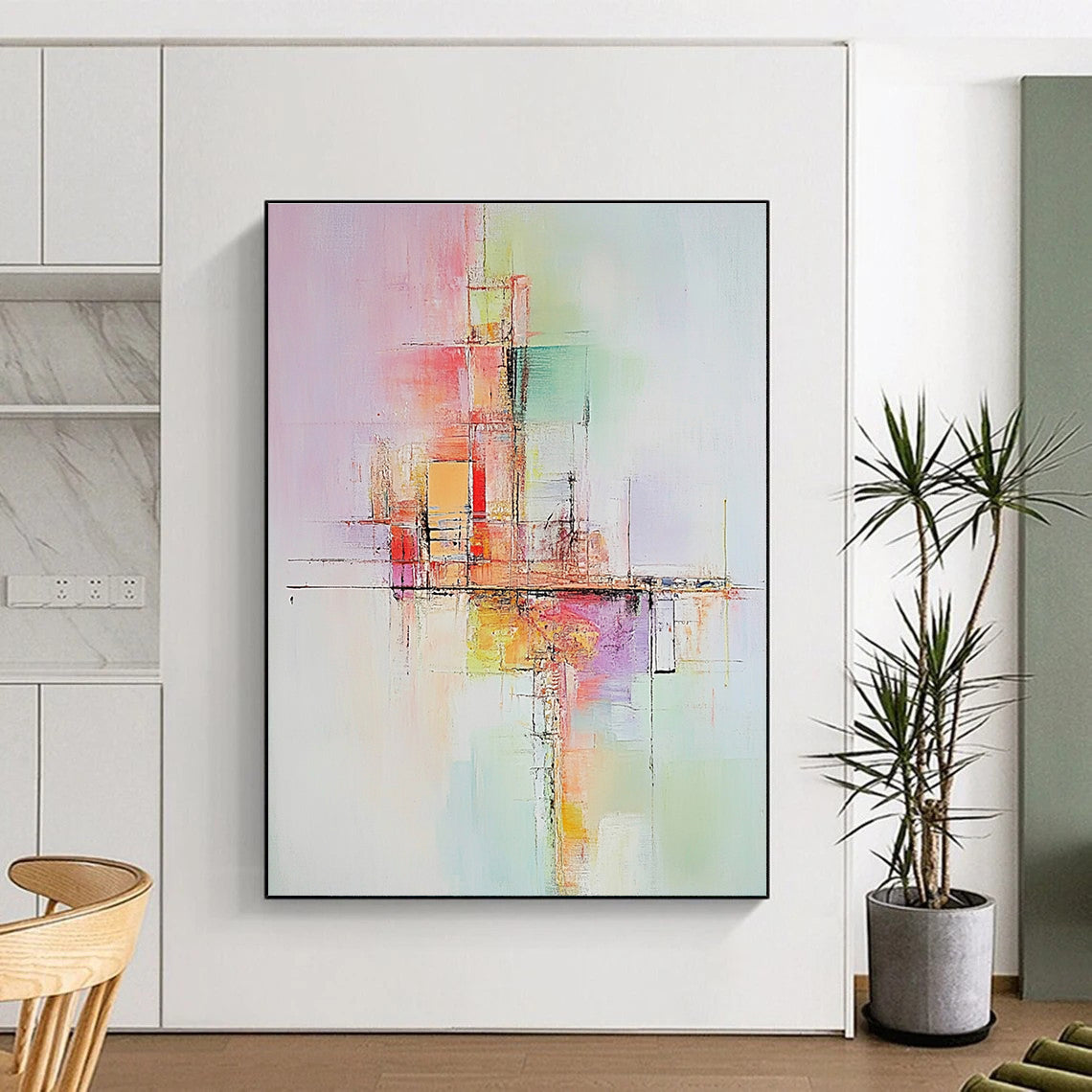 Large abstract painting with soft pastel colors depicting abstract buildings conveying calmness and dynamic balance enhanced by warm tones and textures.STSC803