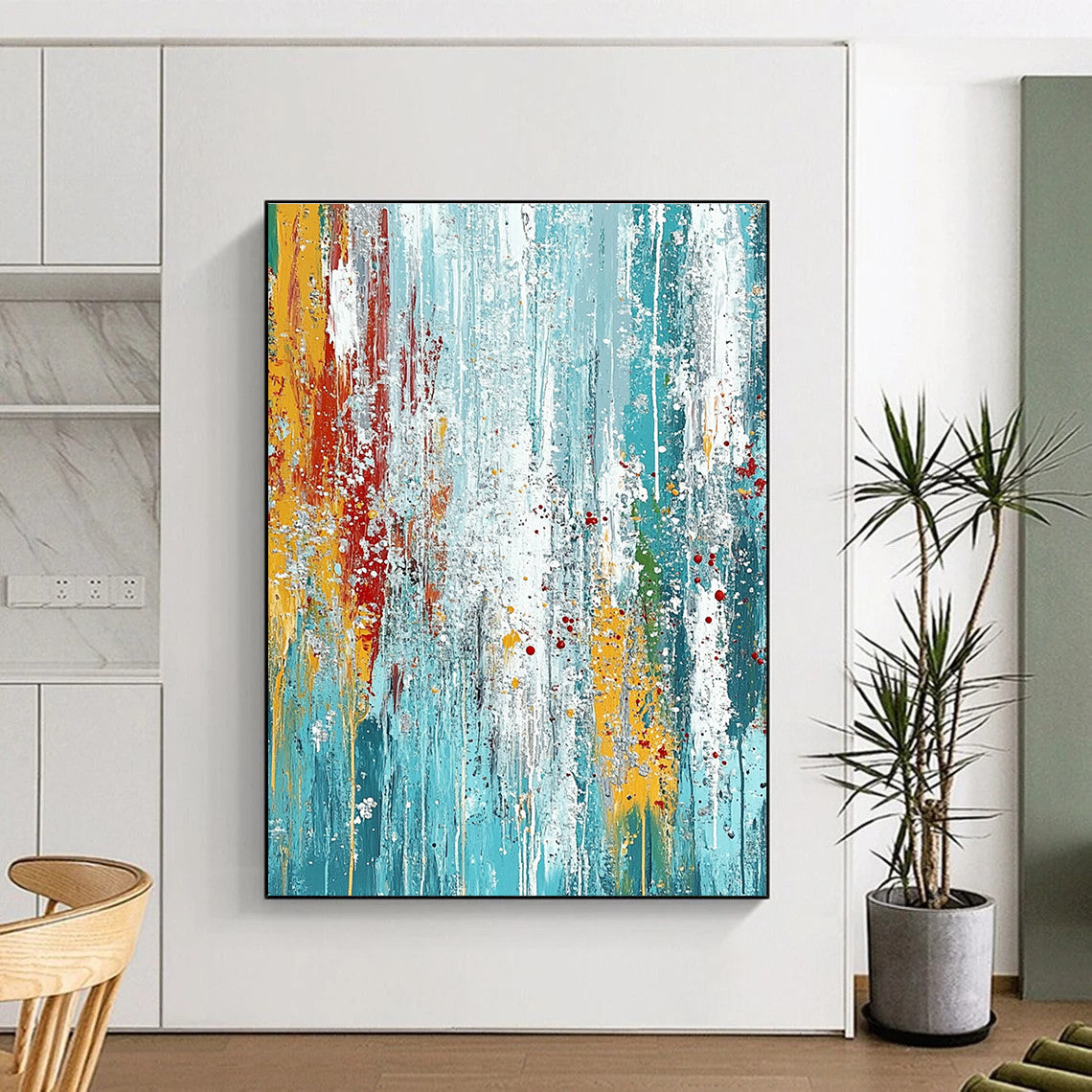 Large abstract painting on textured canvas featuring blue and teal hues with vibrant paint drips and dynamic brush strokes for an energetic feel.STSC719