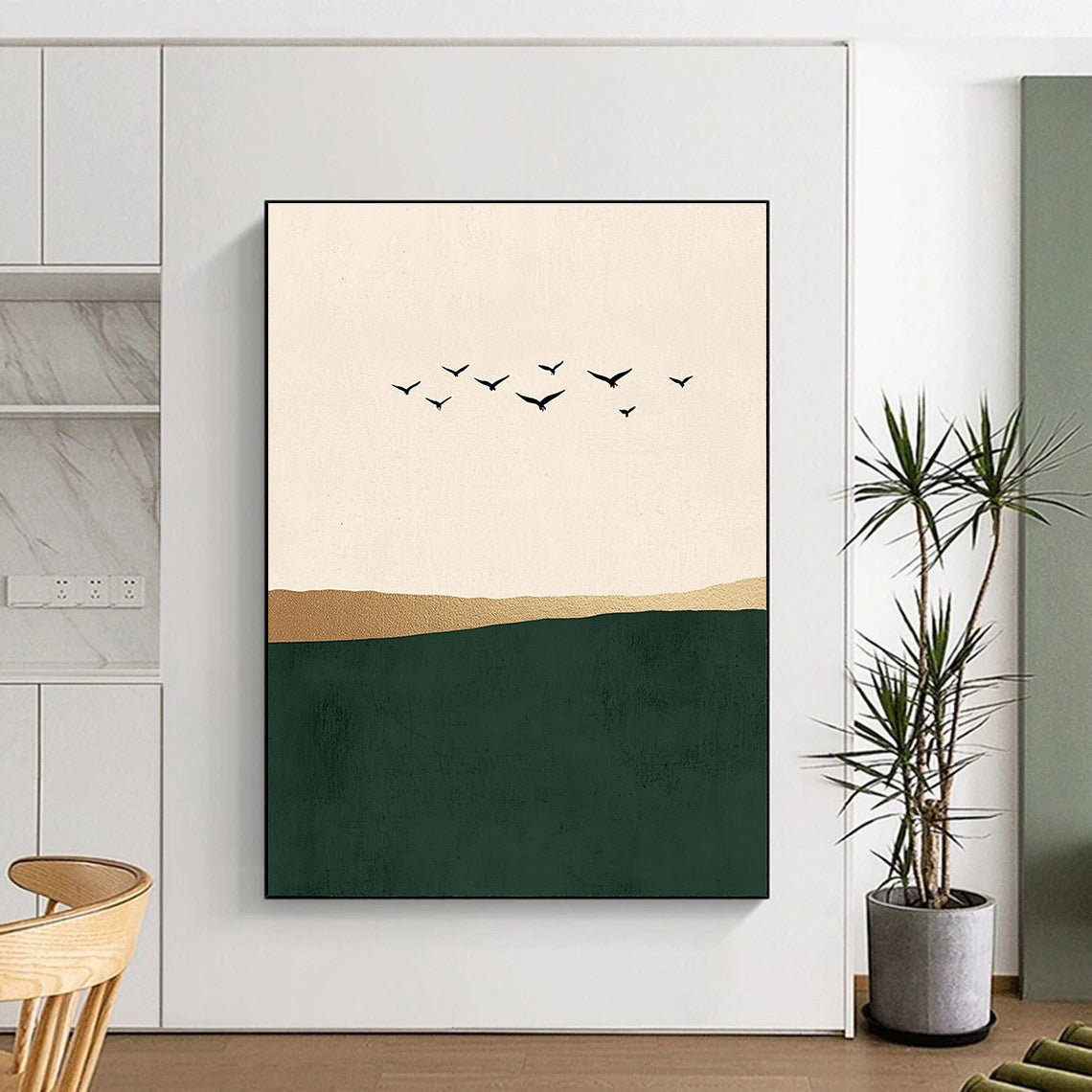 Abstract art featuring minimalist Japandi style with flying birds over a serene green sea on a beige background adorned with elegant gold details.STSC1340