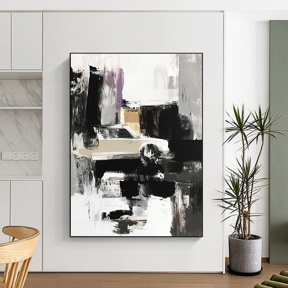 Abstract Car Scene Painting with Neutral and Purple Tones GER360