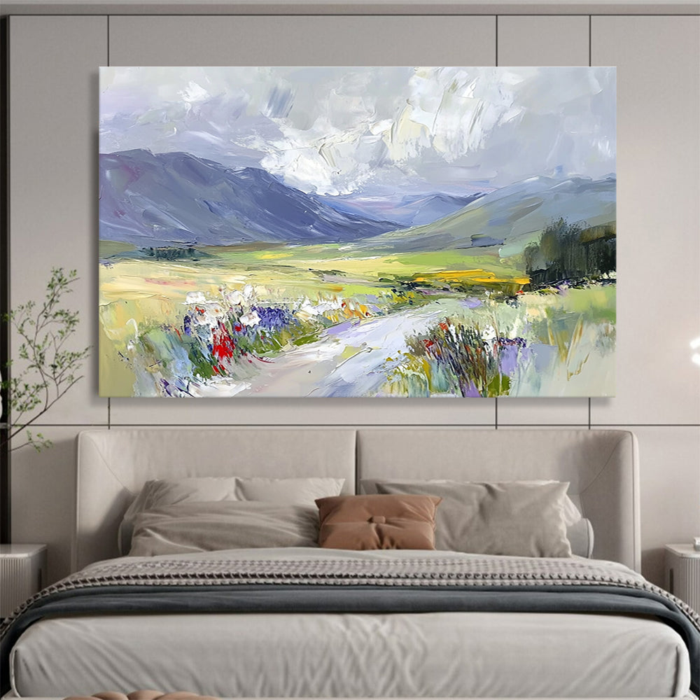 A large abstract painting capturing Scottish glens with soft clouds and vibrant colors offering an impressionistic, dynamic landscape experience.SC473