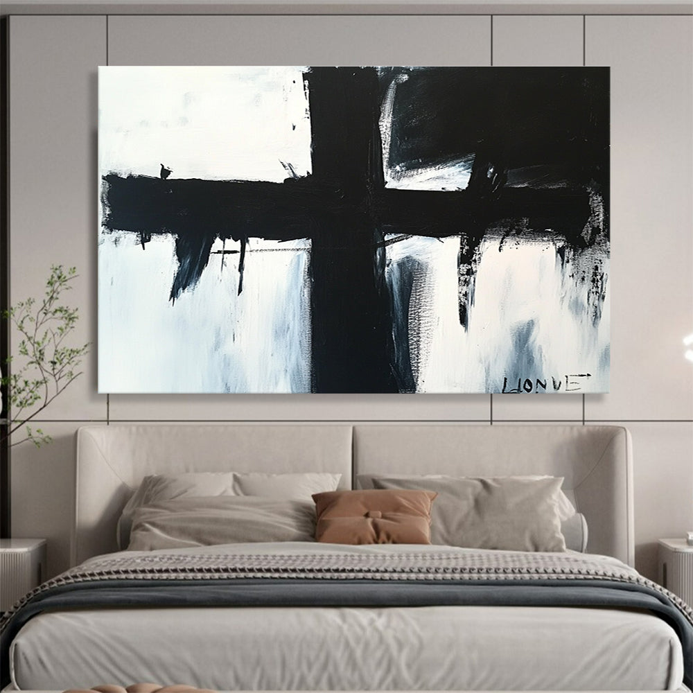 Black and White Cross Abstract Painting with Dripping and Bold Lines DYP179