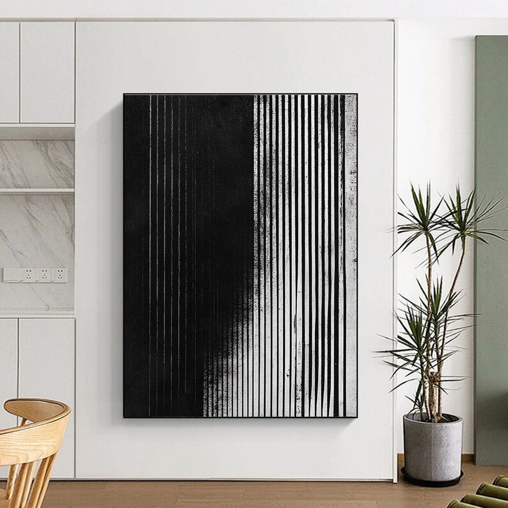 Black and White Vertical Lines Abstract Painting with Textured Surfaces GER013