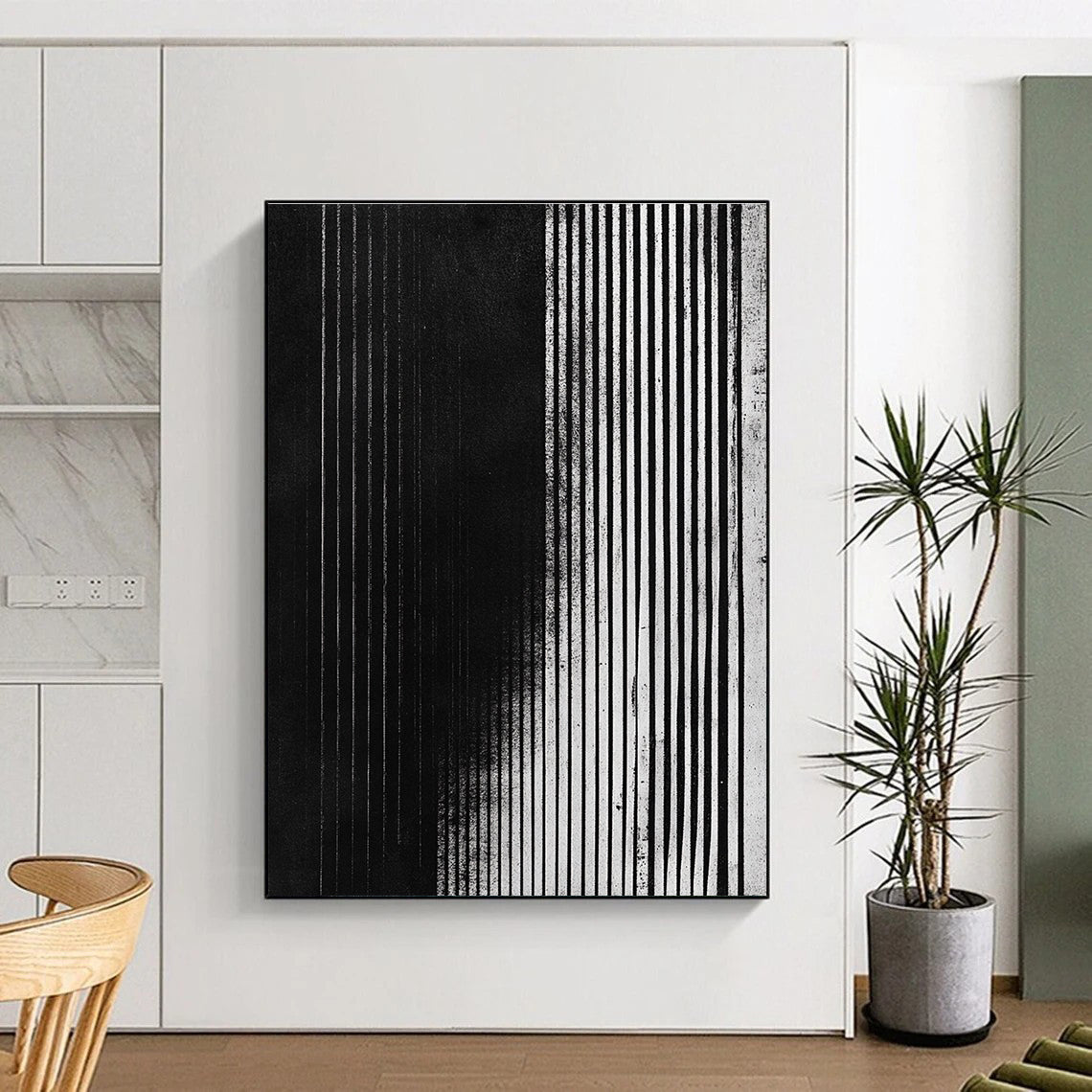 Black and White Vertical Lines Abstract Painting with Textured Surfaces GER013