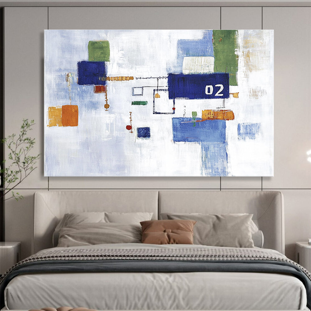 Large abstract painting featuring a white sky and blue and green cityscape with simple shapes and the number 02 at the center.SC182