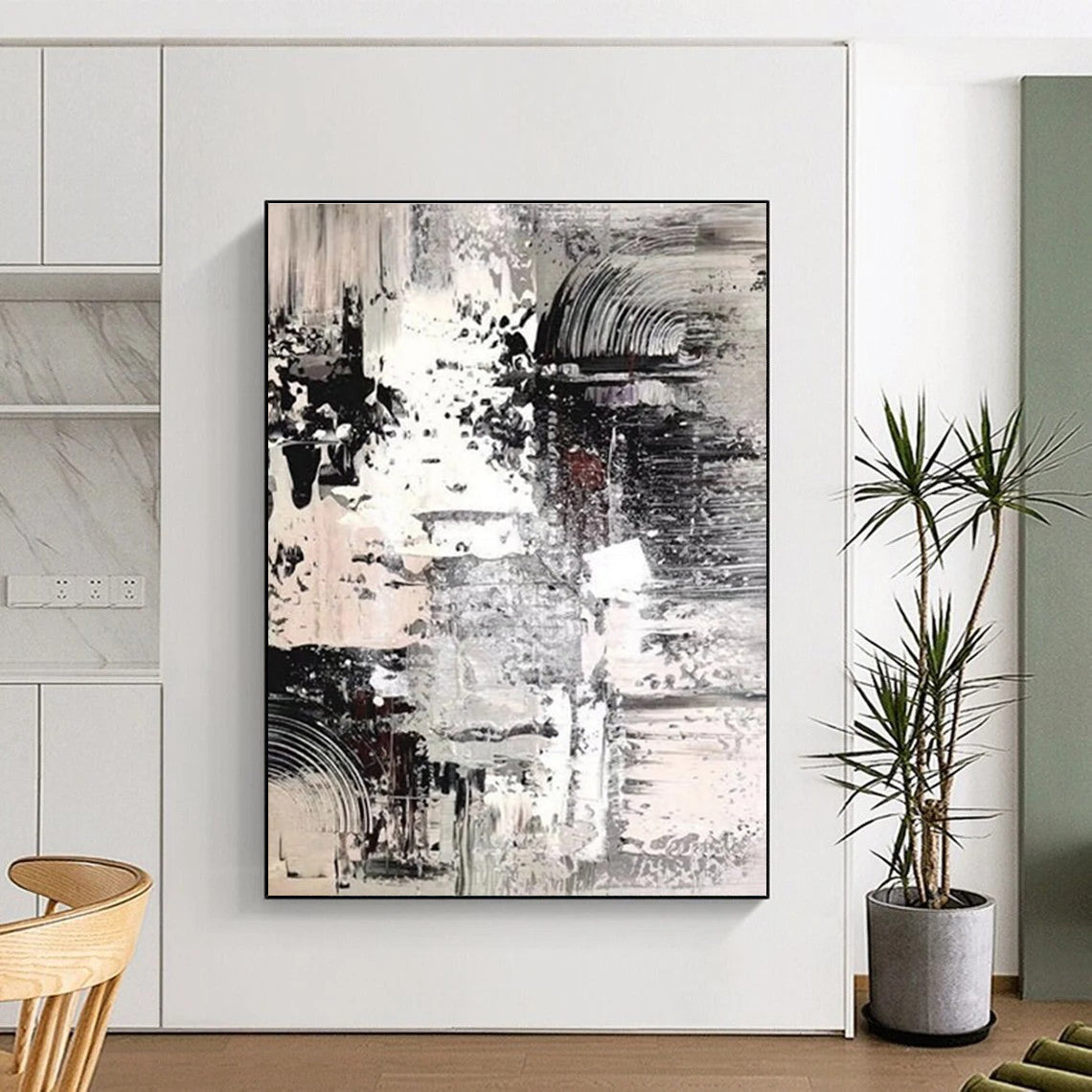 Monochrome Textured Abstract Painting with Layered Patterns ADGE392
