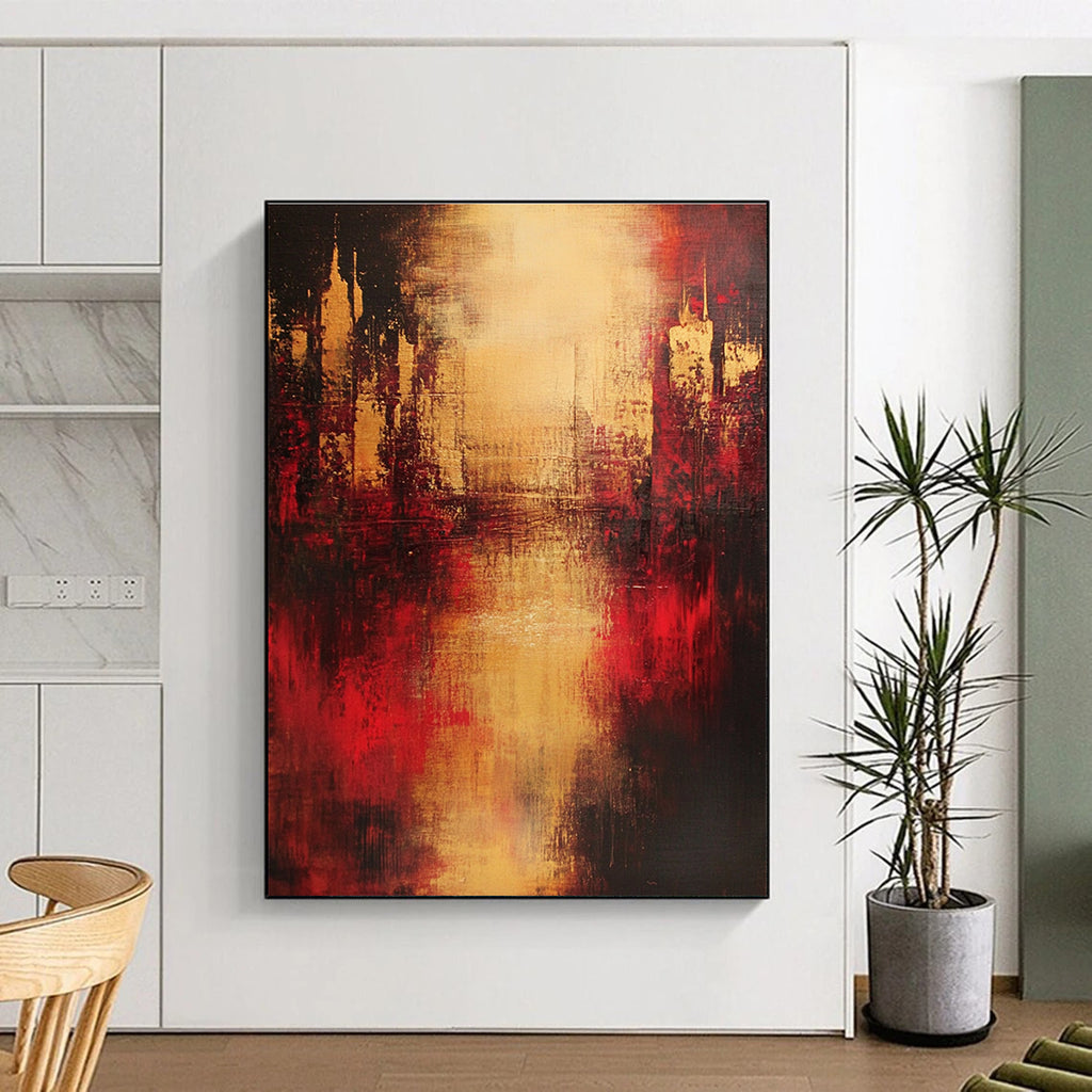 Large abstract painting in red and gold on a dark background with blurred buildings smoke rising and emotional expression of life's pain.STSC444