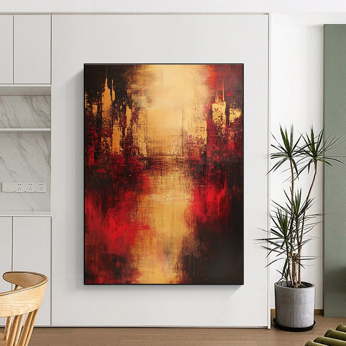 Large abstract painting in red and gold on a dark background with blurred buildings smoke rising and emotional expression of life's pain.STSC444