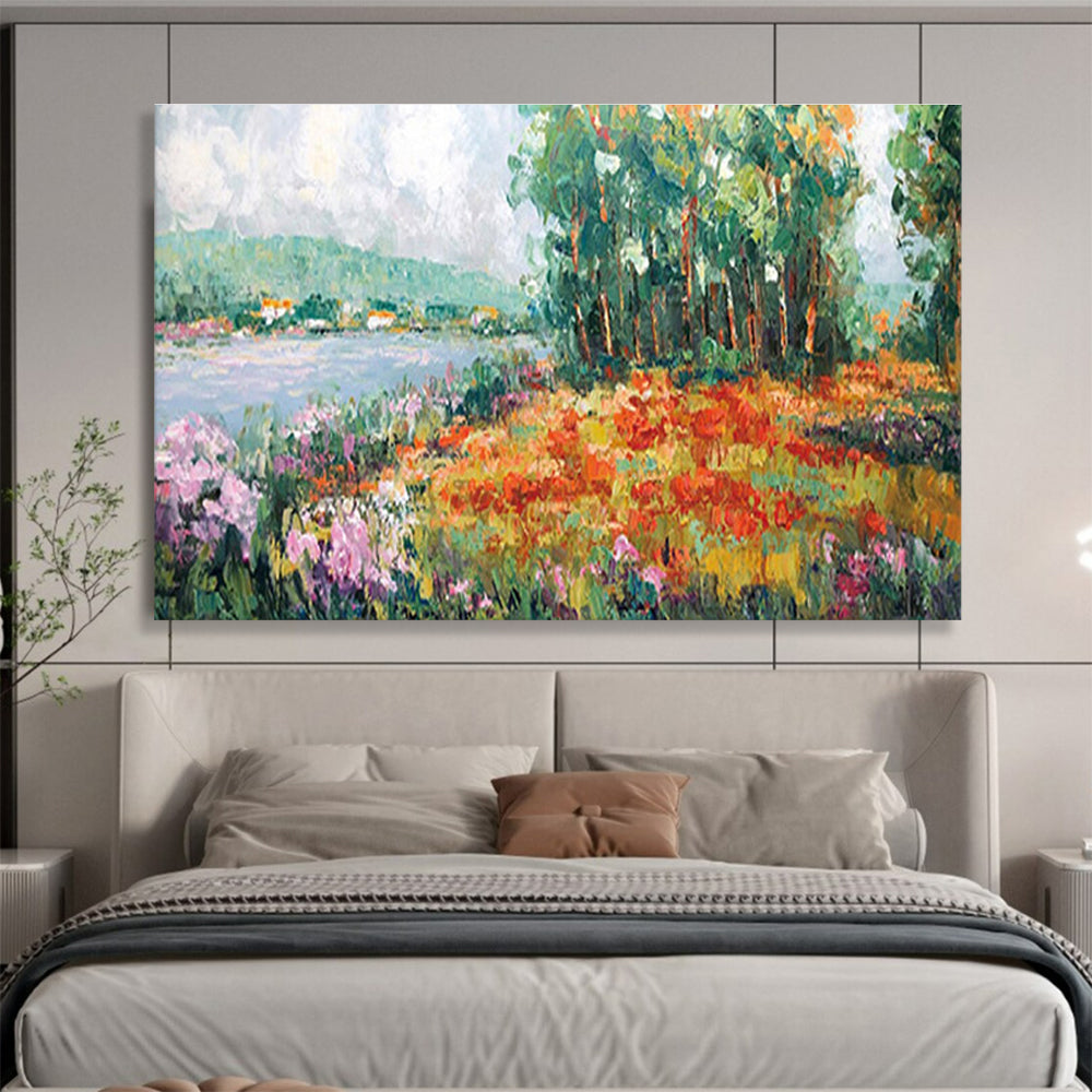 Lakeside Flower Field Abstract Painting with Colorful Floral Tones THY228