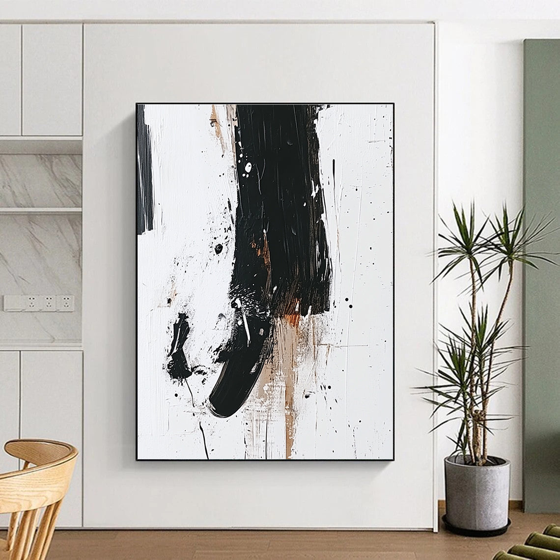 Black Beige and White Abstract Painting with Expressive Splatters GER638