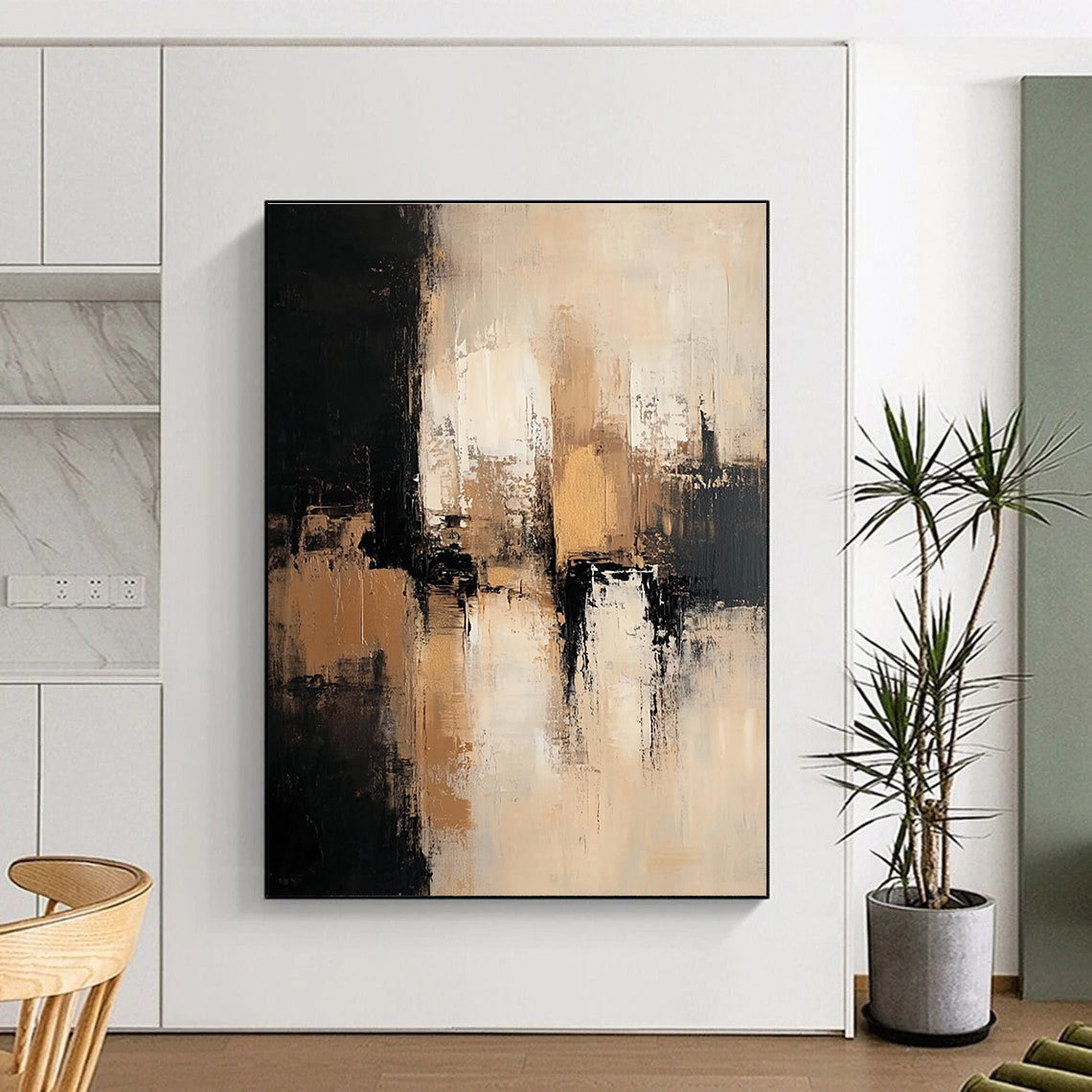 Large abstract painting featuring neutral tones with black beige and white depicting an urban landscape with dark brown and gold accents.STSC775