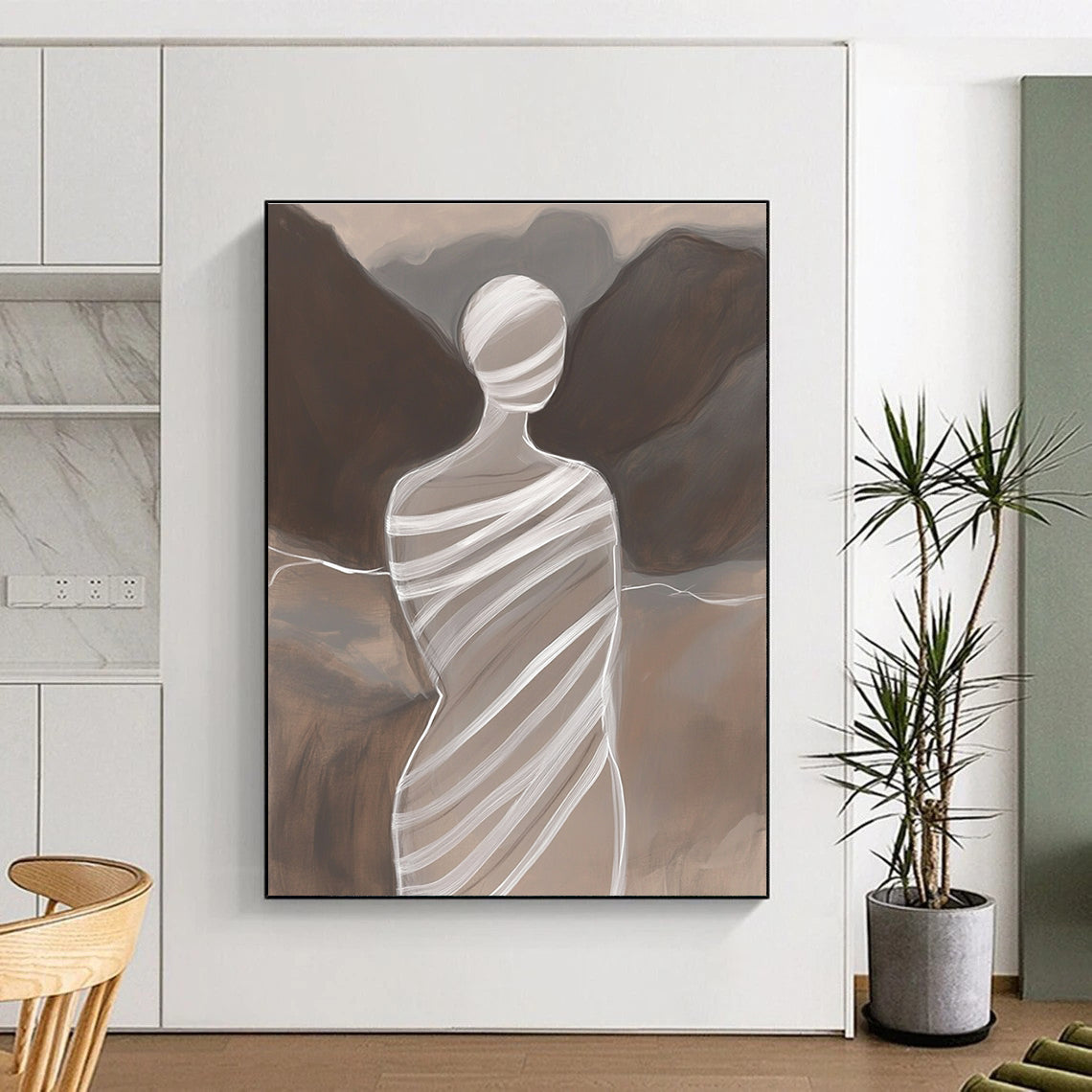Large abstract painting featuring a faceless woman in striped fabric atop Mount Lao with delicate lines minimalist style and subtle color transitions.STSC1268