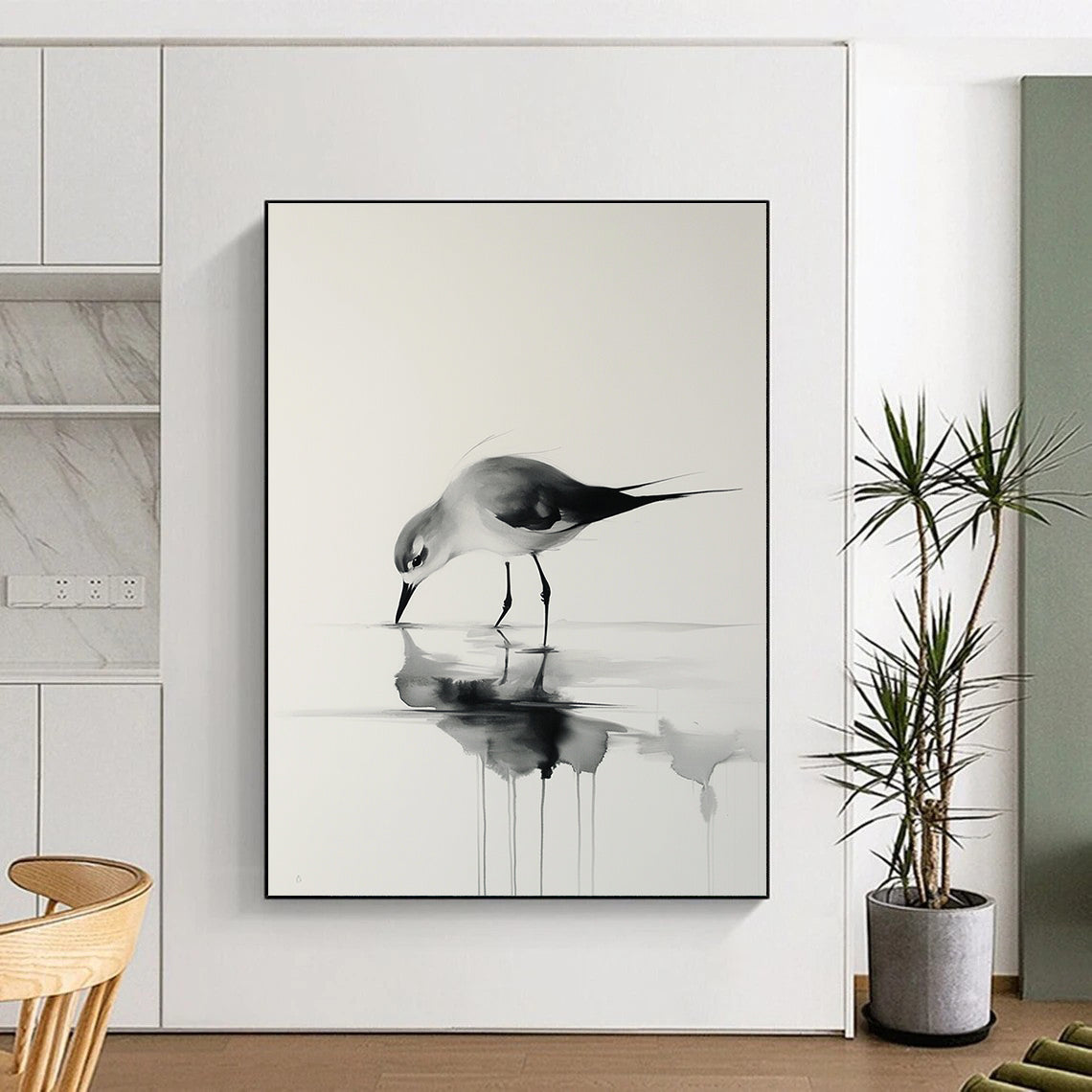 A large abstract painting featuring a bird walking on water with delicate brushstrokes in black and gray tones against a white background.STSC906