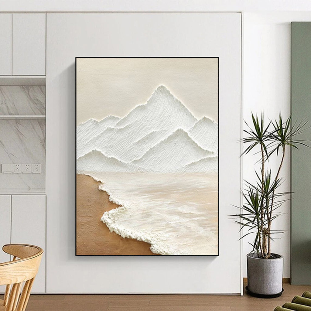 Textured Mountain and Sea Abstract Painting in White and Beige ADGE273