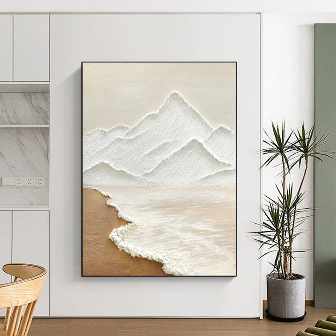 Textured Mountain and Sea Abstract Painting in White and Beige ADGE273