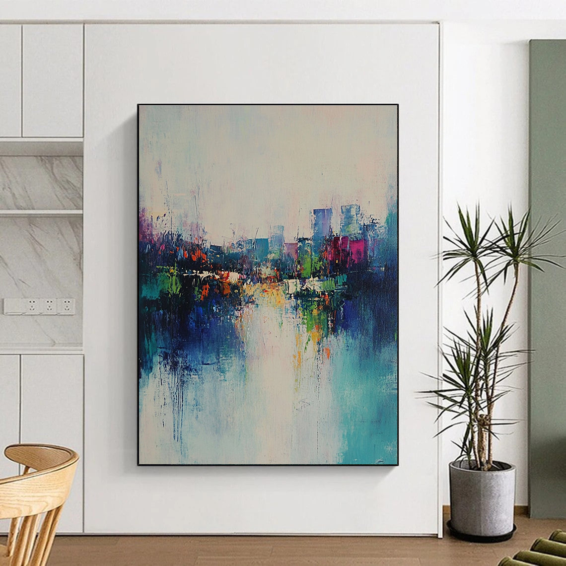 Large abstract painting featuring a serene misty landscape with green-blue hues and reflections of city lights in textured layers.STSC562