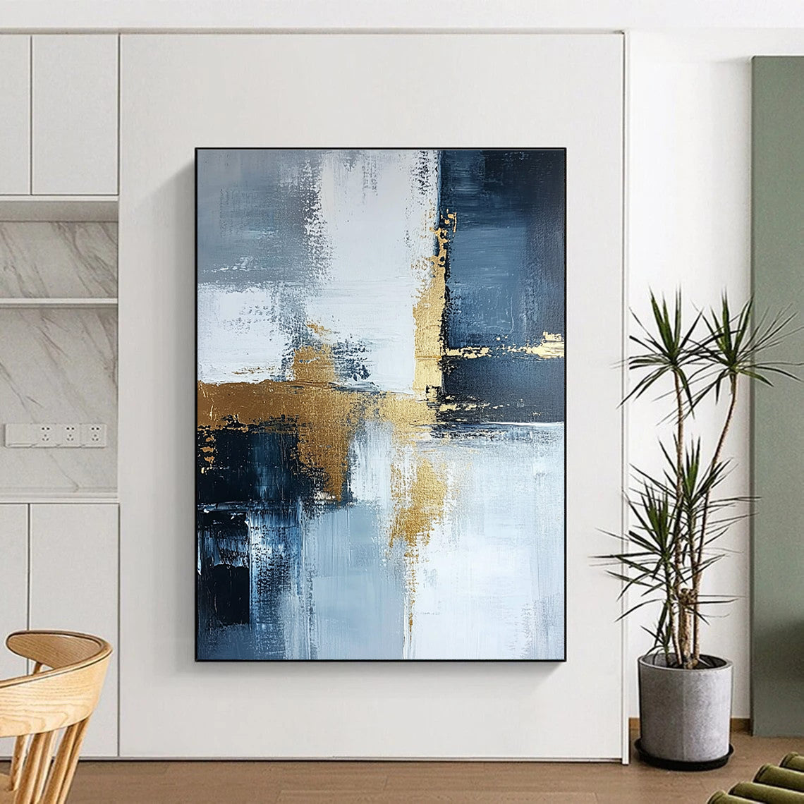 Blue Gray and Gold Abstract Painting with Subtle Sophistication GER524