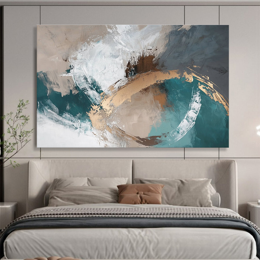 Teal and Gold Abstract Painting with Swirling Textures DYP402