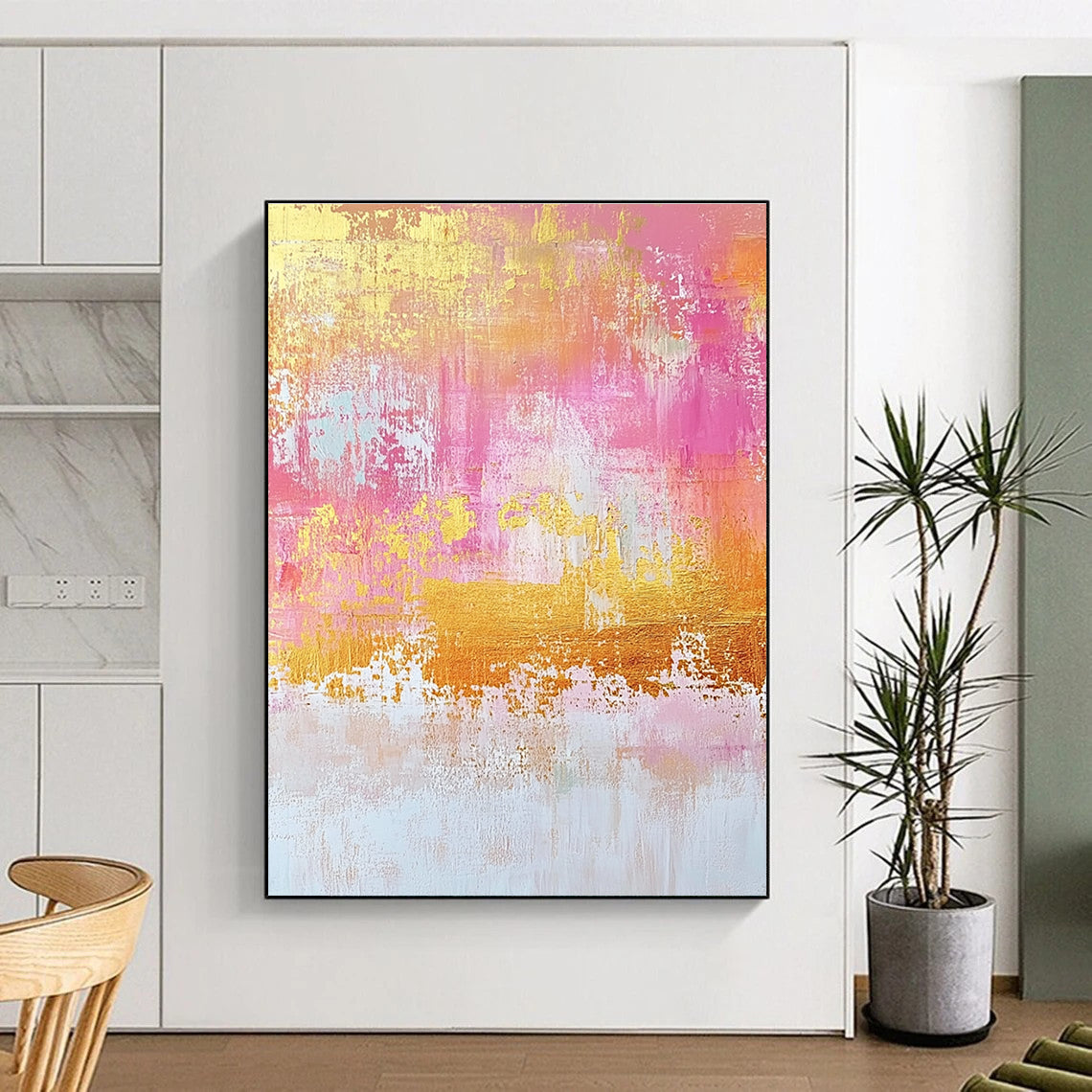 Pink and Gold Abstract Painting with Shimmering Textures GER451