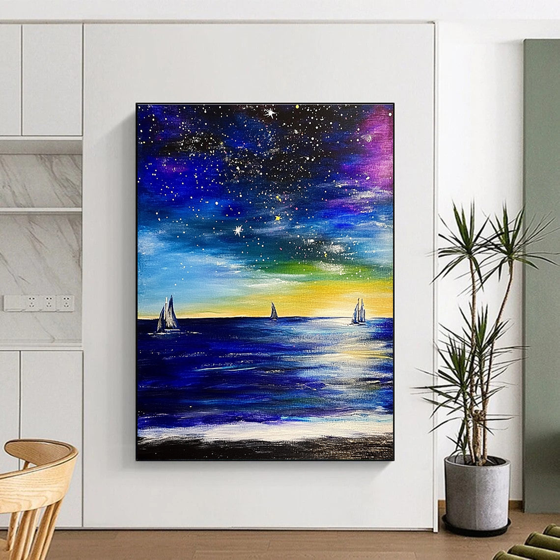 Large abstract painting depicting the ocean with sailboats and a starry sky featuring expressive brush strokes in vibrant colors.STSC851
