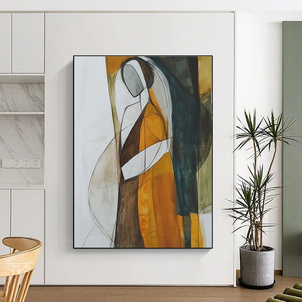 Abstract painting featuring a woman in a brown and orange dress with a white veil showcasing minimalism and surrealism in muted tones and negative space.STSC298