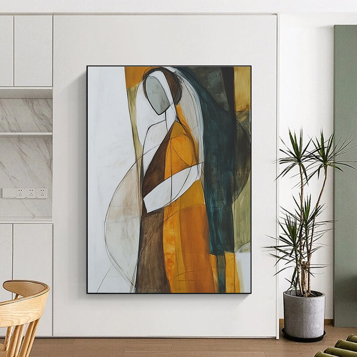 Abstract painting featuring a woman in a brown and orange dress with a white veil showcasing minimalism and surrealism in muted tones and negative space.STSC298