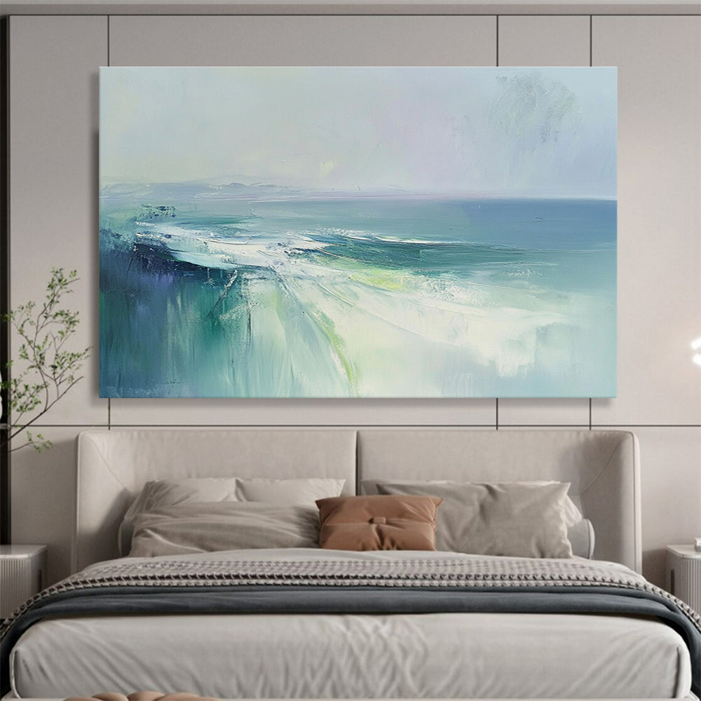 Large abstract painting of the sea with soft blues and greens, evoking a misty morning atmosphere in an ethereal and emotional style.SC047
