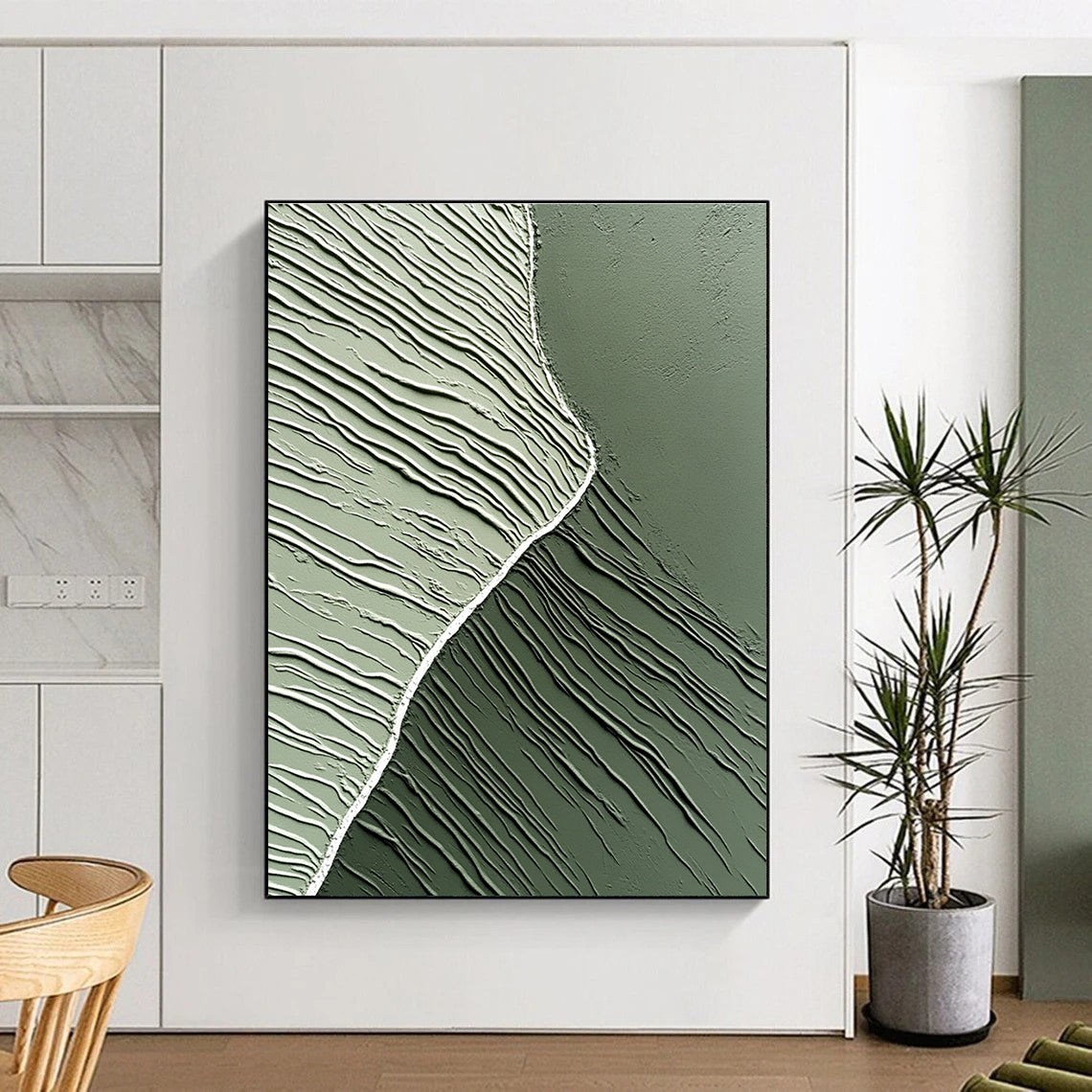 Large abstract artwork featuring smooth gray-green clay textures and a white central line, embodying minimalism and modern aesthetics against a dark background.STSC962
