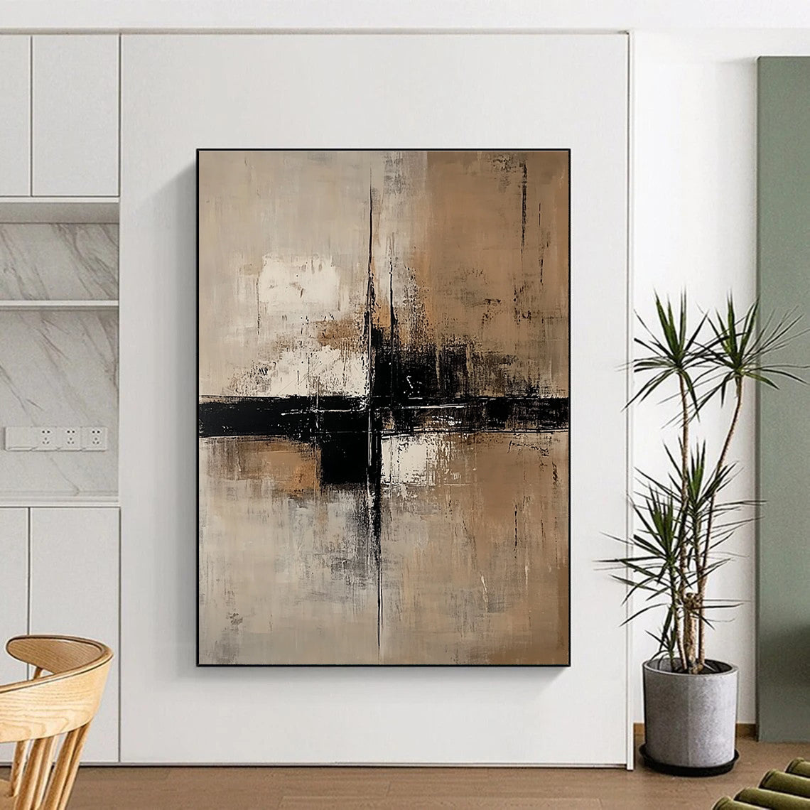 Large abstract painting featuring neutral tones of beige and white with black accents and large vertical lines on a dark gray background.STSC238