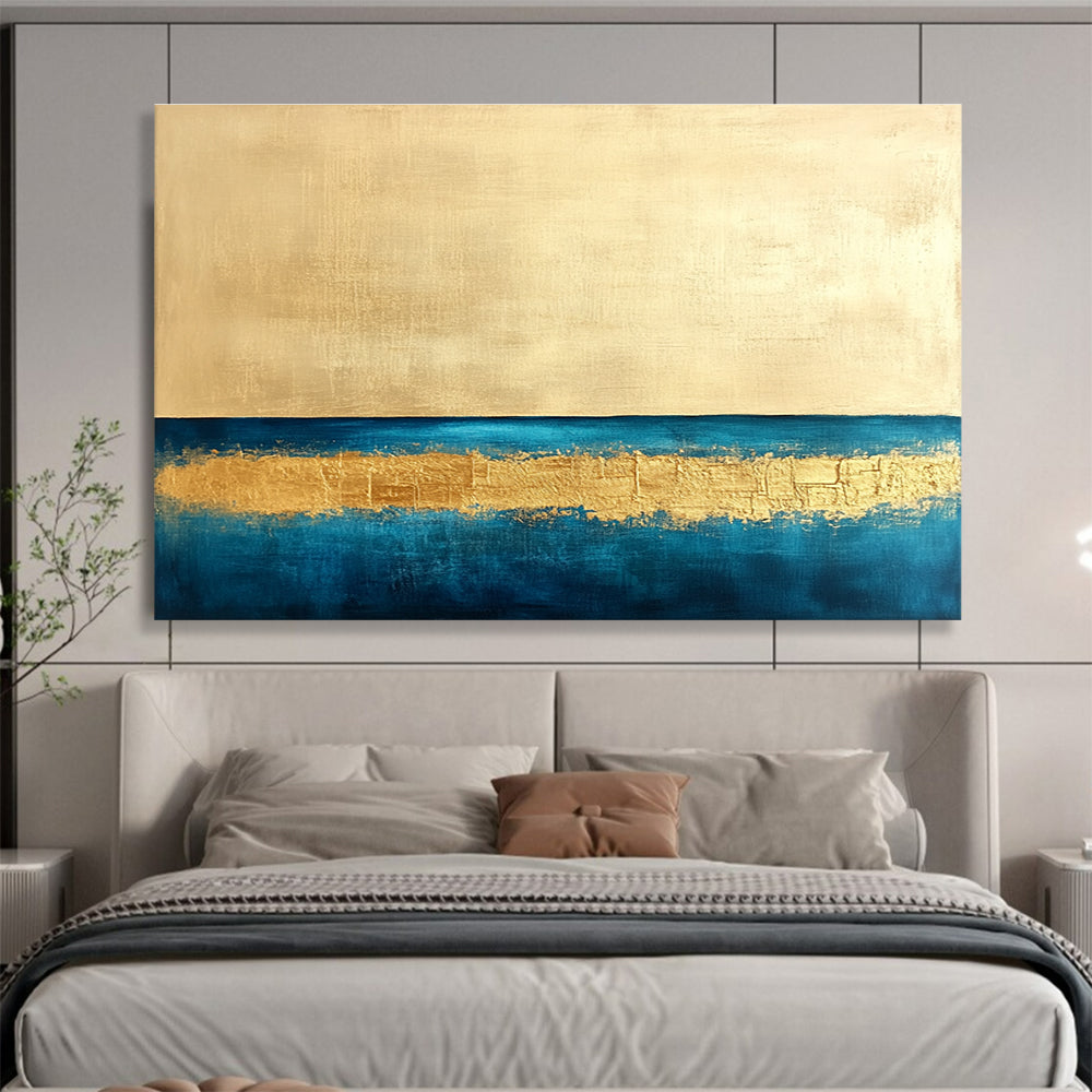 Gold and Blue Minimalist Abstract Painting with Textured Gold Band DYP314