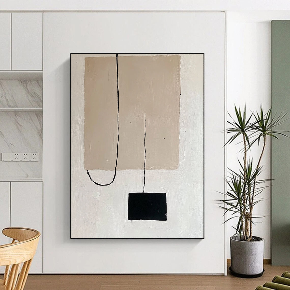 Beige and Black Minimalist Abstract Painting with Simple Forms GER152