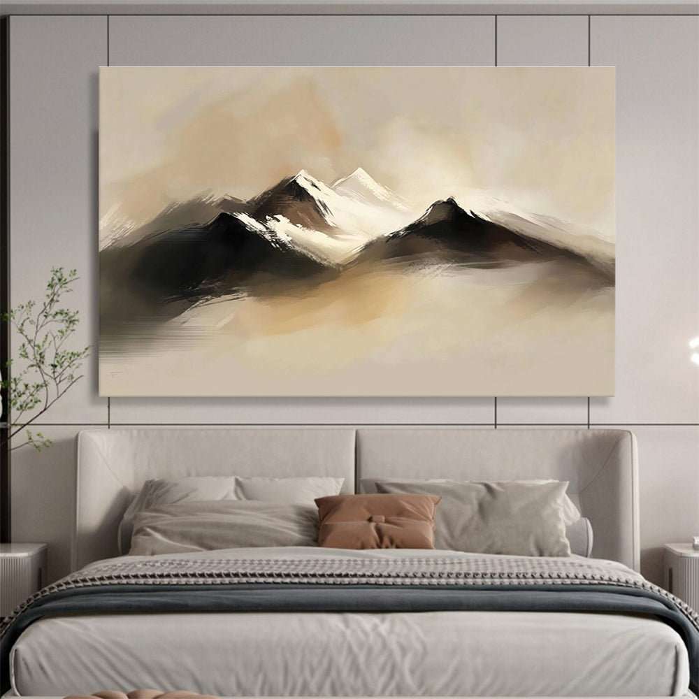Abstract digital painting of serene snow-capped mountains featuring soft brush strokes and muted colors enveloped in mist.SC301