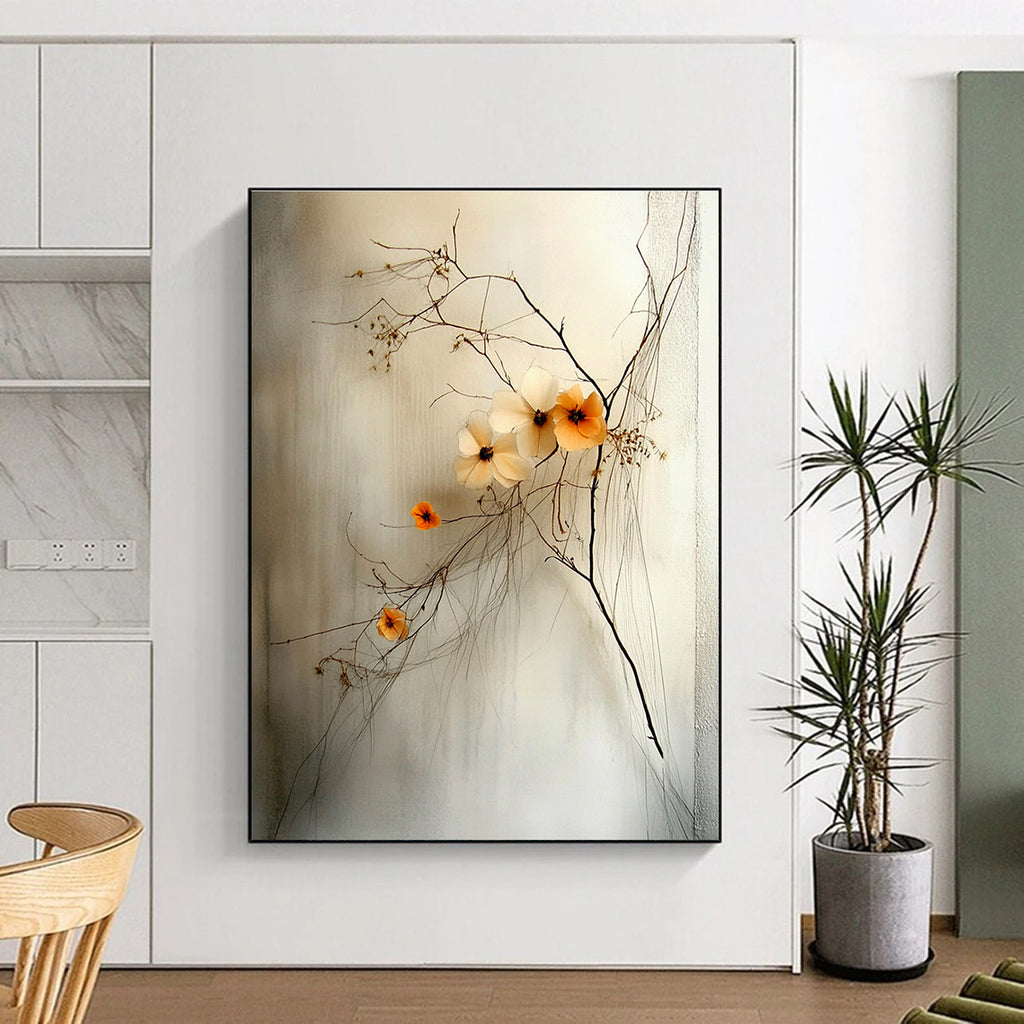 Abstract artwork featuring delicate wildflowers with a small orange bloom against a soft gray background emphasizes calmness and balance through intricate string-like details.STSC856