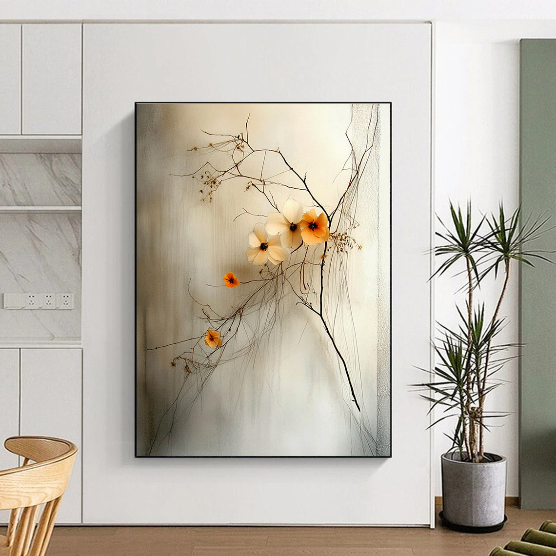 Abstract artwork featuring delicate wildflowers with a small orange bloom against a soft gray background emphasizes calmness and balance through intricate string-like details.STSC856