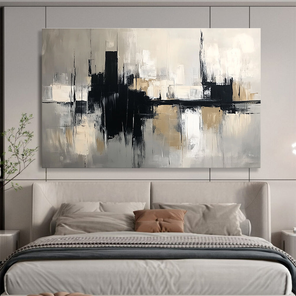 Large abstract painting in black and beige tones featuring bold brush strokes, set against a grey cityscape background, crafted in oil on canvas.SC017