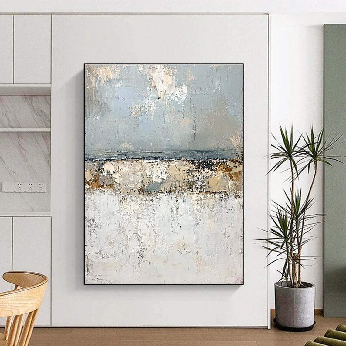 Large abstract painting of the open sea featuring impasto textures light blue and gray tones with serene landforms in white creating a tranquil atmosphere.STSC270