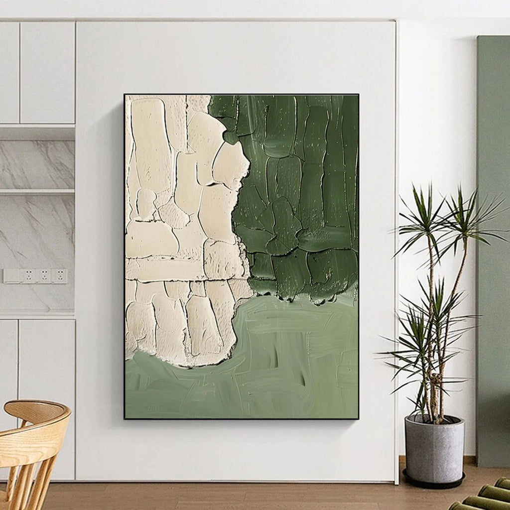 Beige and Green Textured Abstract Painting with Thick Brushstrokes ADGE501