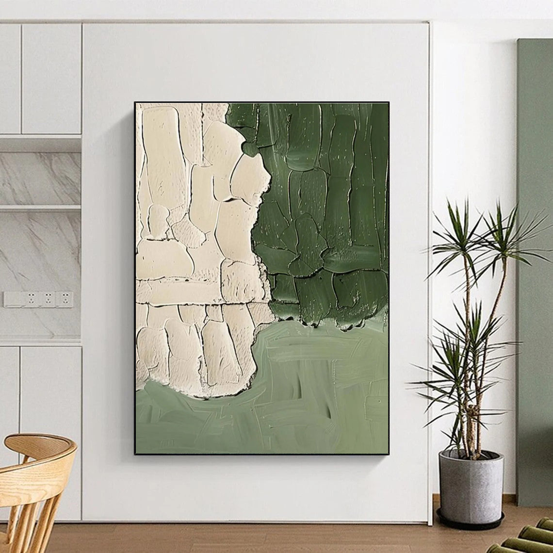 Beige and Green Textured Abstract Painting with Thick Brushstrokes ADGE501