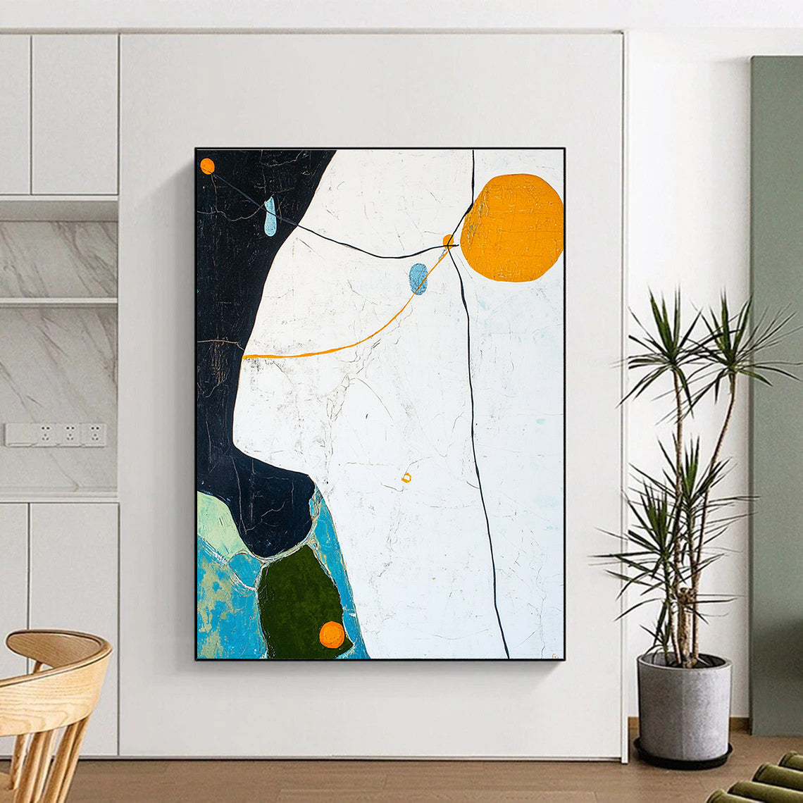 Large abstract painting featuring a white sky, light blue and dark green lines, yellow outline, orange circle, and black edge shapes with detailed rocks and trees.STSC296