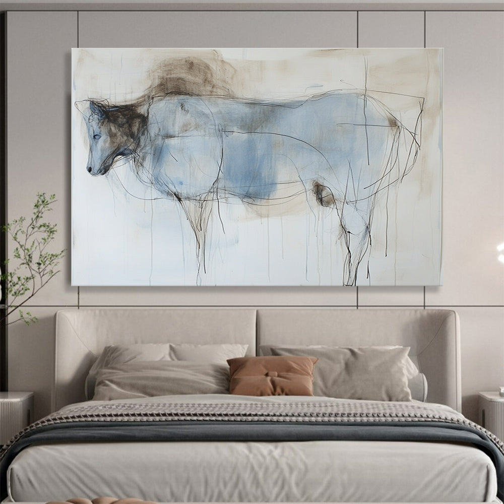 Large abstract painting of an animal's body featuring thin lines and washes in subtle pastel colors of light blue and dark brown on a white background.SC153
