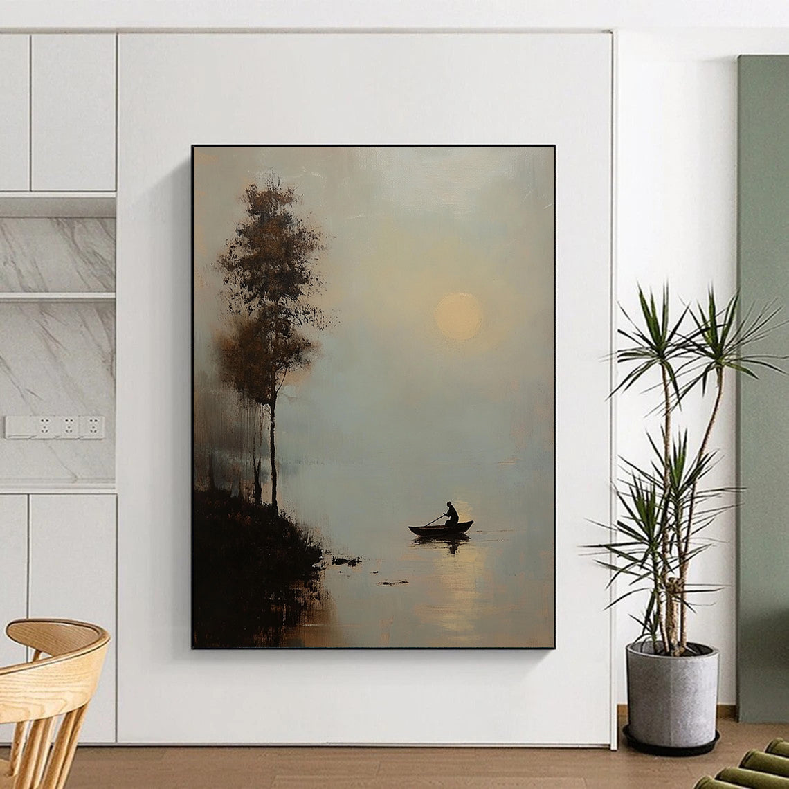 An abstract painting of moonlight over water featuring a man in a boat and a tree silhouette in soft muted tones.STSC1307