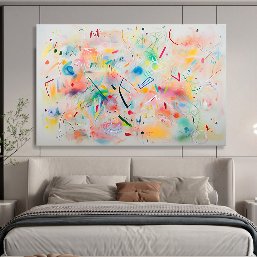 A large abstract painting featuring bright pastel colors and whimsical shapes like swirls circles and stars creating a joyful celebration on a white background.SC476