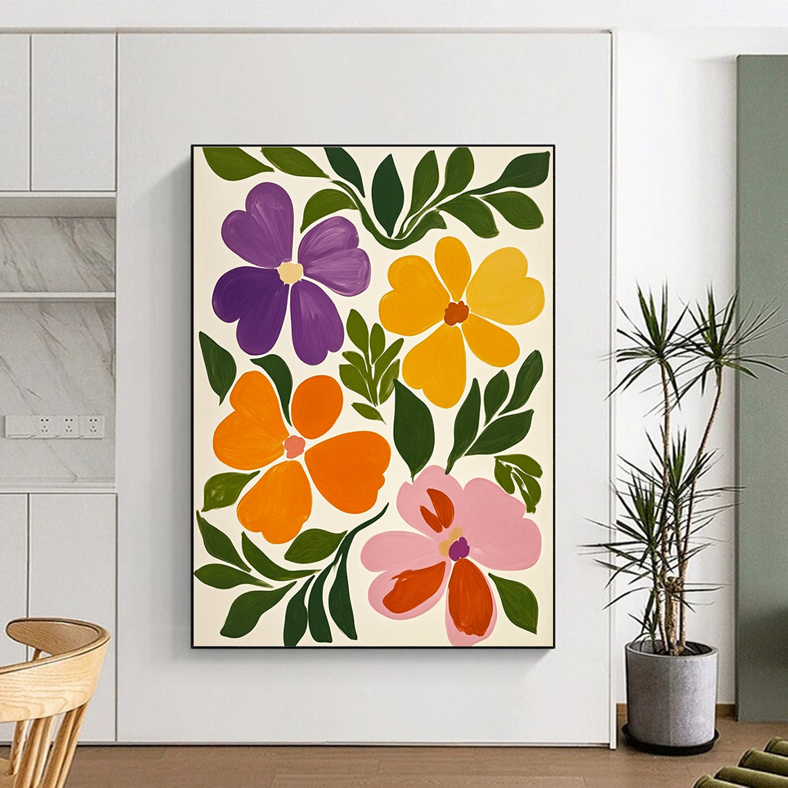 Large abstract painting featuring vibrant flowers with violet and green leaves against a white background in the style of Maira Kalman.STSC1317