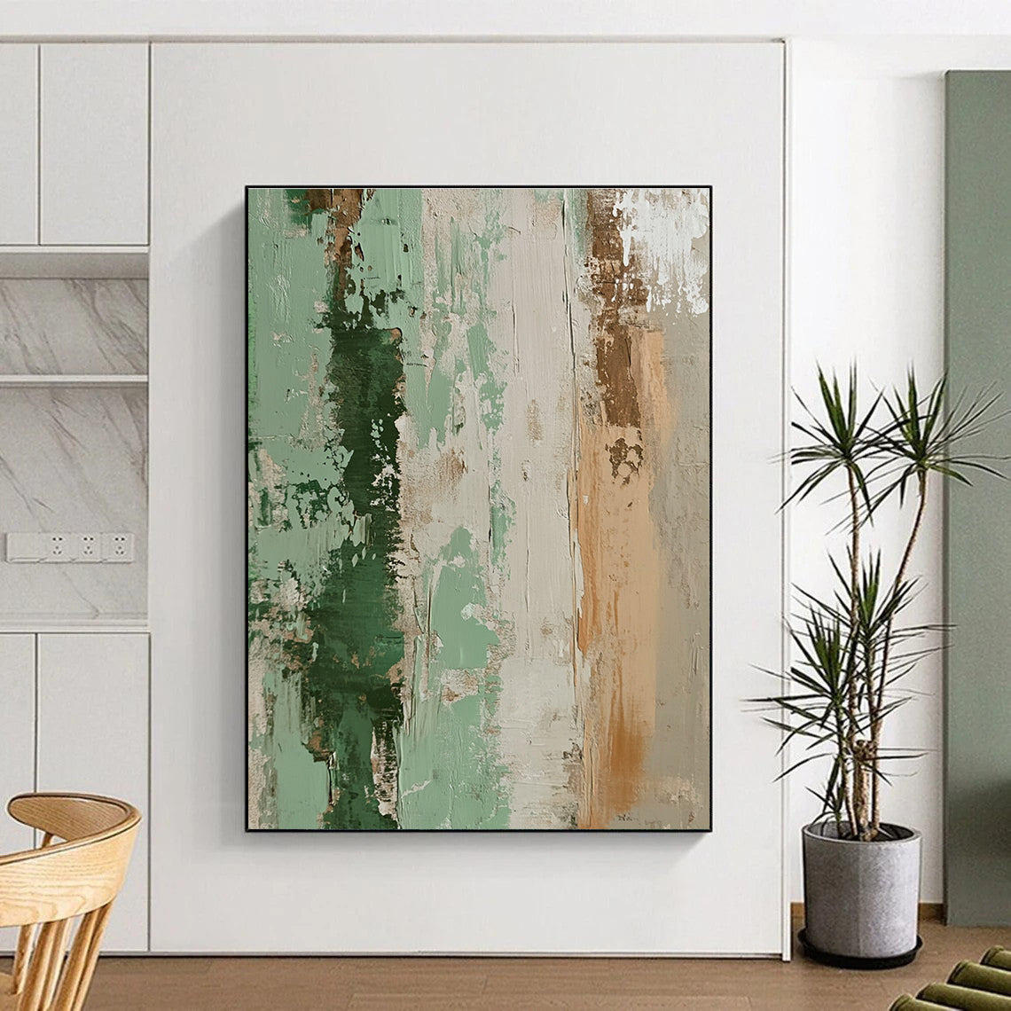Green and Beige Abstract Painting with Layered Textures GER096