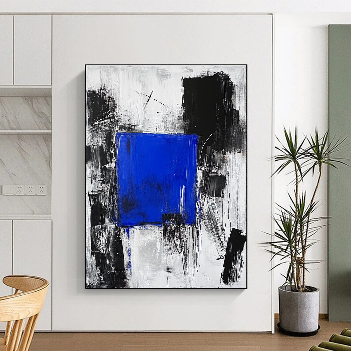Blue Square in Black Gray Abstract Painting with Dynamic Background GER025
