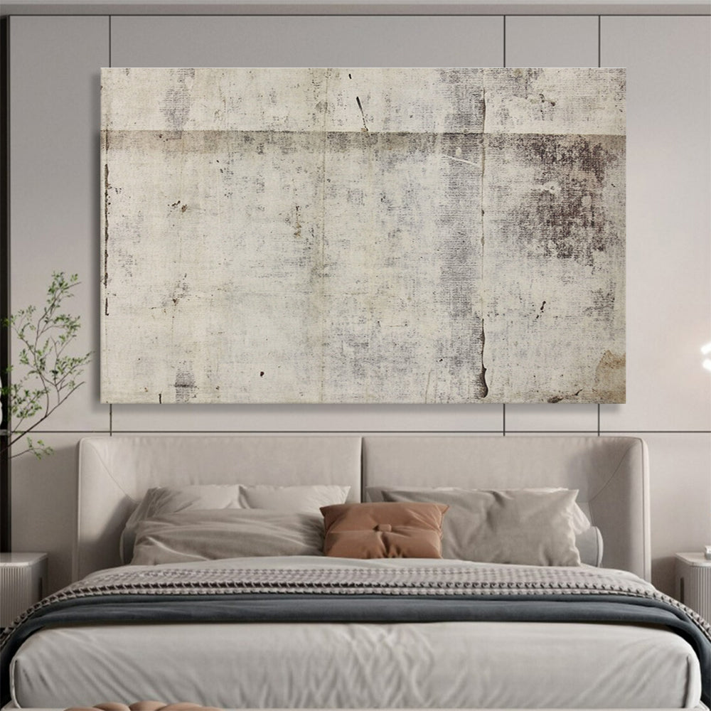 Large abstract artwork featuring vintage paper texture with distressed white gray tones and hints of brown along with watercolor splashes and antique French wallpaper pattern.SC615