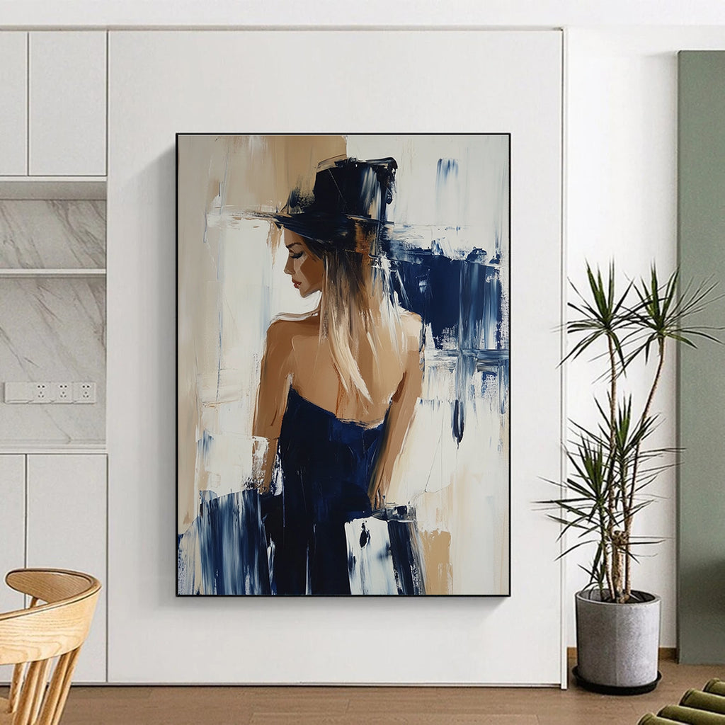 Abstract oil painting featuring a woman in Hunkemöller collection with beige and navy hues showcasing dynamic brushstrokes in Richard Schmid's style.STSC176