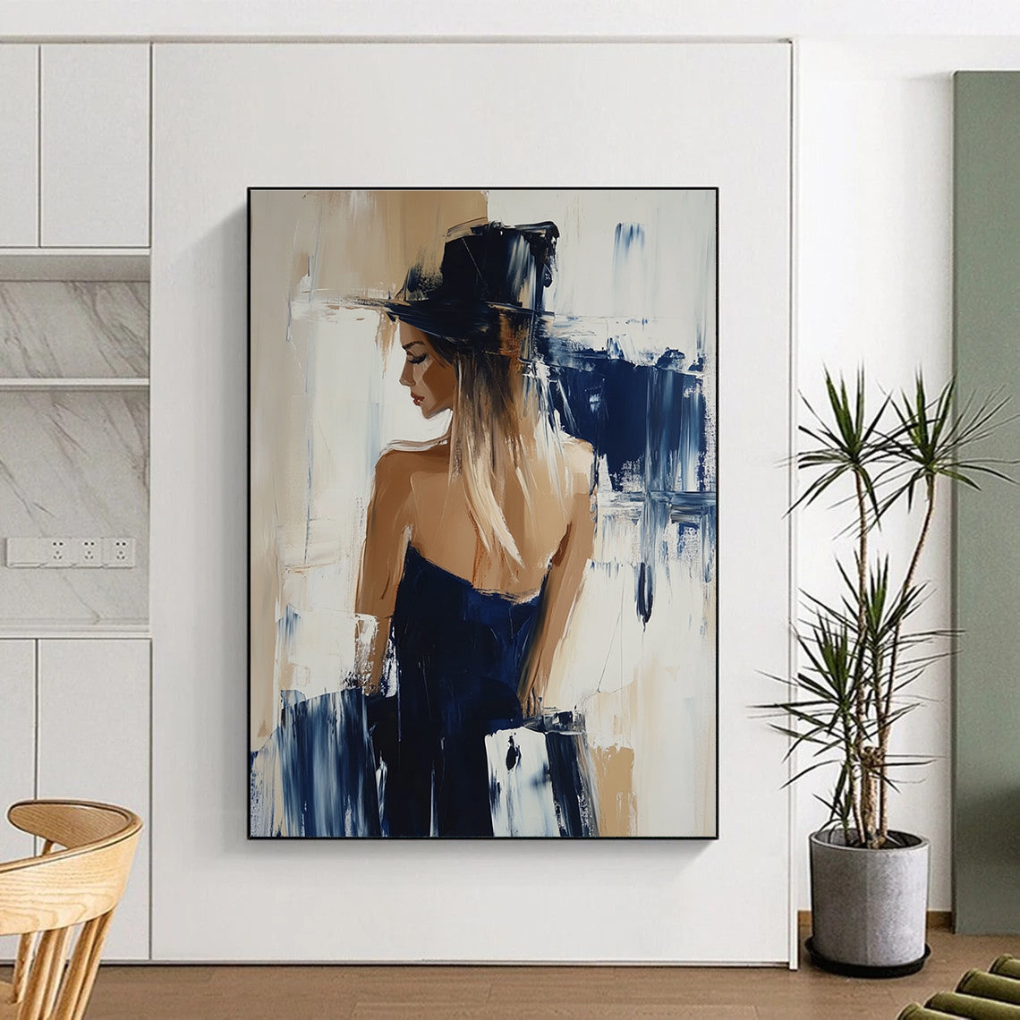 Abstract oil painting featuring a woman in Hunkemöller collection with beige and navy hues showcasing dynamic brushstrokes in Richard Schmid's style.STSC176